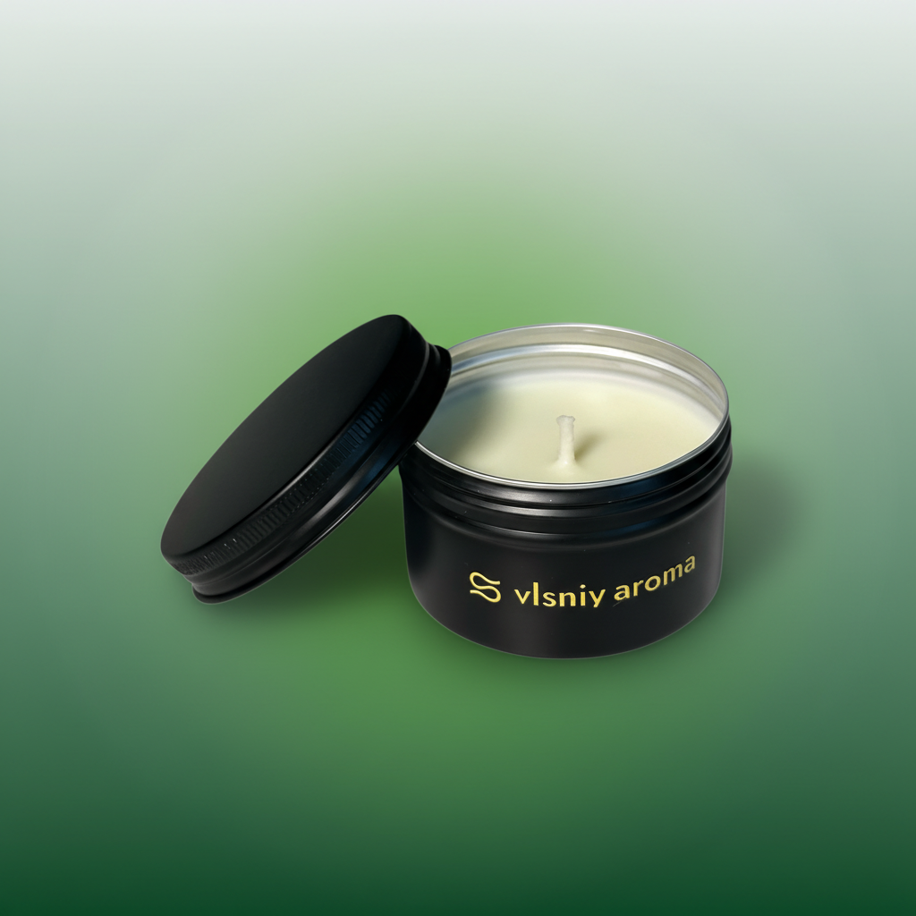 Соєва свічка «Ретрит у Карпатах» міні, металева, 80 г — кедр, ялиця та мох