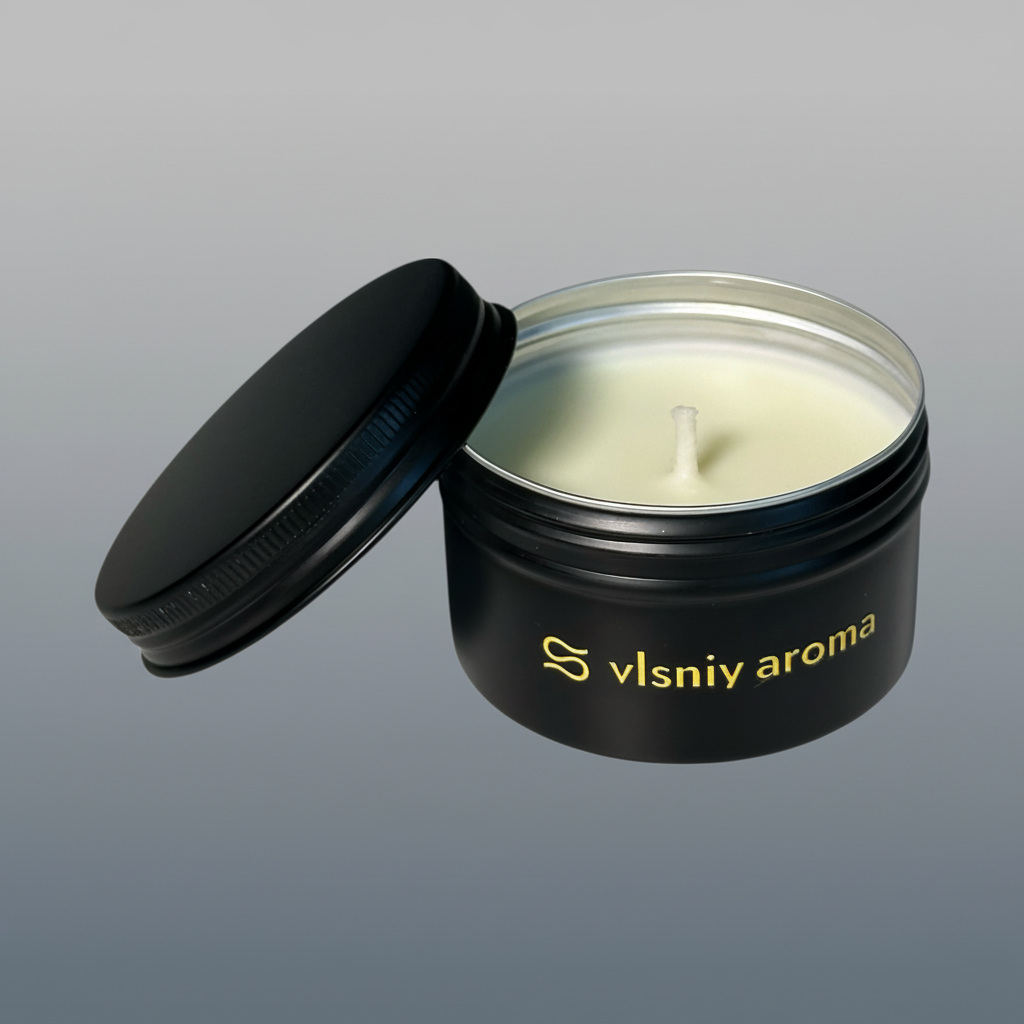 Соєва свічка «На межі вигорання» міні, металева, 80 г — меліса, кедр і персик