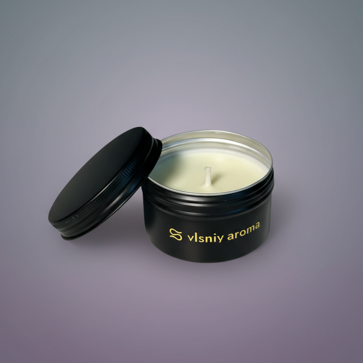 Соєва свічка «Nectar Noir» міні, металева, 80 г — сандал, шафран та чорна слива