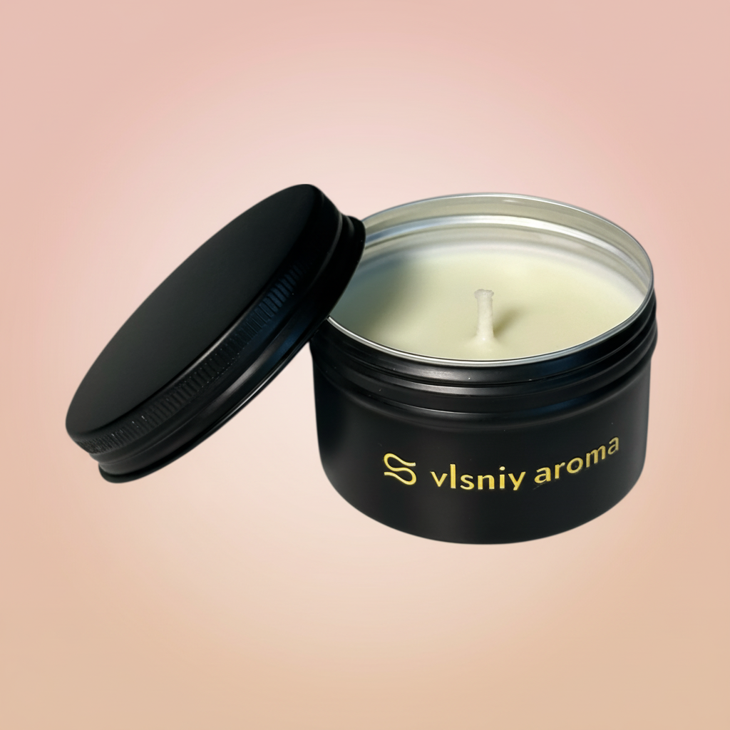 Соєва свічка «Побачення із собою» міні, металева, 80 г — груша, пачулі та білий мускус